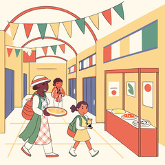 Obraz premium Children Walking Through School Hallway During Food Festival