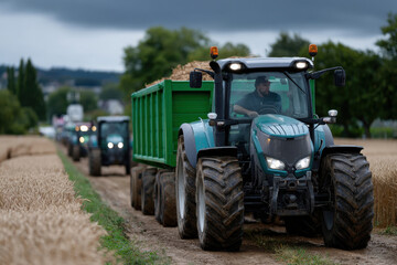 A line of tractors traverse a dirt pathway, delivering freshly harvested grain, emphasizing the connection between land, labor, and the agricultural process.