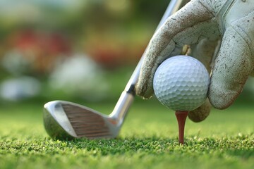 Golf ball on tee, club in focus