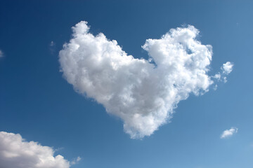 A beautiful heart-shaped cloud floats gracefully in a clear blue sky, symbolizing love and tranquility in nature.