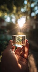 Fototapeta premium A hand holds a small, clear, cubic, resin-like object. Sunlight streams through, illuminating a delicate, 