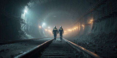 Underground tunnel in active mining operation, Miners walking inside illuminated underground tunnel