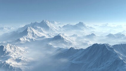 Fototapeta premium Panoramic view of snow-capped mountain ranges, shrouded in a light mist. Vast, serene, and majestic landscape. Pale blue sky
