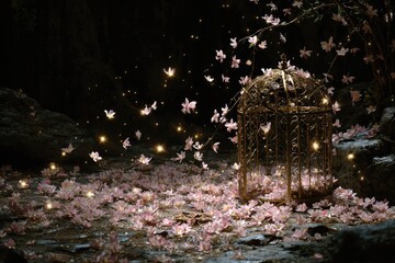 Golden cage, pink blossoms, glowing fireflies, dark cave setting
