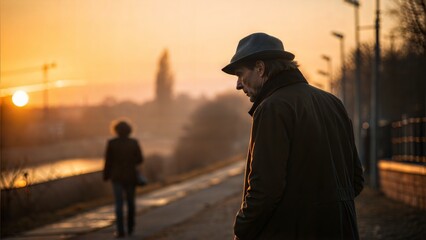 Dramatic Golden Hour Urban Street Scene with Silhouetted Man &ndash; Quiet Evening Walk Alone