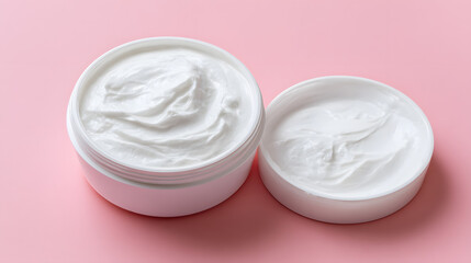 Open jar of white beauty cream with a lid, showcasing rich product texture on a pink background. High-quality skincare and spa concept, symbolizing freshness and clean ingredients
