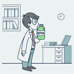 Doctor Examining Detox Bottle in Office Illustration