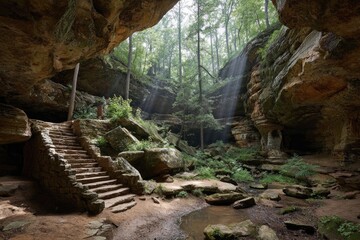 Obraz premium Sunlight streams into a rocky cave, with stone stairs leading down