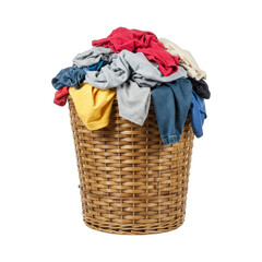 Wooden Laundry Basket Filled With Clothes And Towels Isolated On Transparent Background