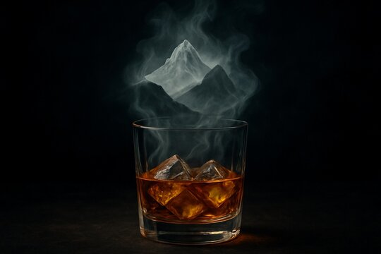 Conceptual photo of whiskey on the rocks with mountain-shaped steam - Powered by Adobe