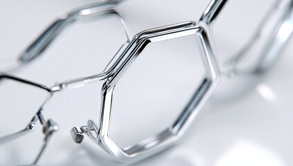 Close-up of modern eyeglasses, with a hexagonal frame design, highlighting the intricate metalwork