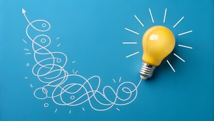 Creative Journey to an Idea – Illuminated Light Bulb with Whimsical Path on Blue Background