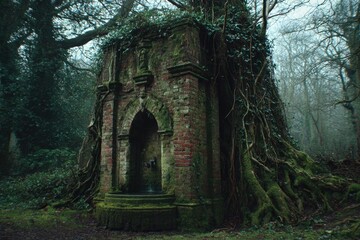 Obraz premium Old, mossy brick structure in a misty forest