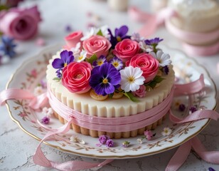 A small cake decorated with pink roses and purple pansies on a floral patterned plate with pink ribbon