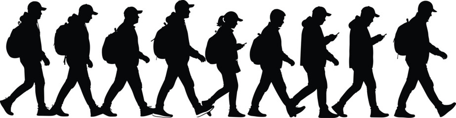 Row of diverse people walking in line, black silhouette of men and women with backpack and phone, going one after another