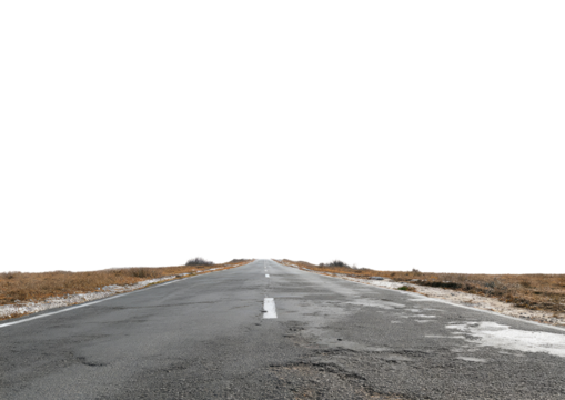 Empty, paved road stretches into a dark horizon