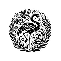 Elegant Black and White Flamingo Floral Illustration.