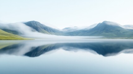 Misty mountain lake mirroring tranquil scene