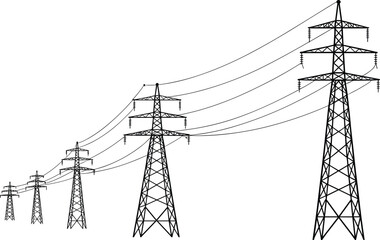 Electric transmission towers, high voltage power lines, utility poles, electricity grid infrastructure, overhead cables, energy distribution towers, power line vector silhouette, electric poles