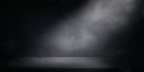 Black halloween background with smoke and spotlight. Dark podium stage backdrop for product...