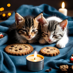 Two Kittens Sleeping on a Blanket with Cookies and a Candle  