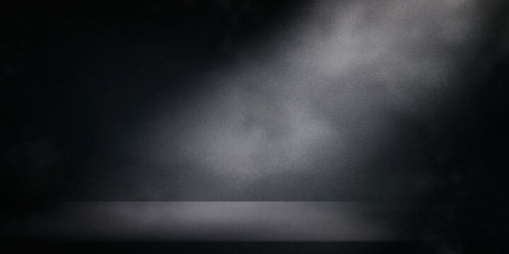 Black halloween background with smoke and spotlight. Dark podium stage backdrop for product placement mockup template. 3d render - Powered by Adobe