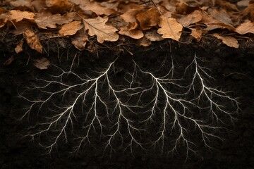 Conceptual art of a glowing mycelium root system beneath autumn forest floor