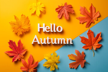 Vibrant blue orange background with sign Hello Autumn