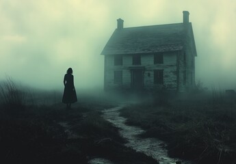 Woman approaching abandoned house in fog.