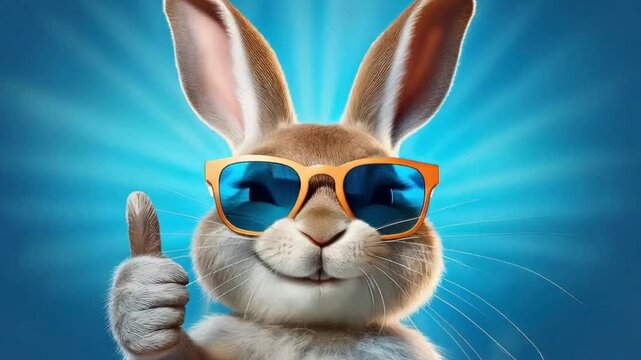 Funny easter animal pet - Easter bunny rabbit with sunglasses, giving thumb up, isolated on blue background, happiness	