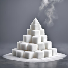White Sugar Cubes Pyramid in Dry Ice Fog Against Gray Background  