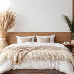 White Pillow Mockup on Minimalist Bed with Wooden Headboard and Pampas Grass Decor 