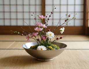 A silver bowl with pink and white flowers and branches on a tatami mat in front of a shoji screen