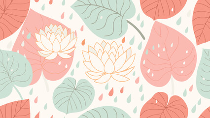 Floral pattern with lotus flowers and large leaves in pastel colors with raindrop accents design