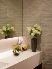 Elegant Modern Bathroom Interior with Flowers and Stylish Decor