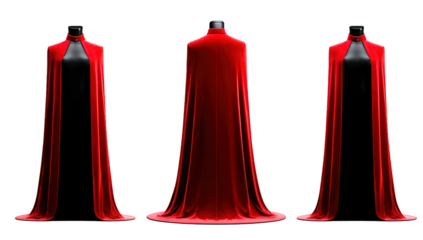 Three Red Cloaks on Mannequins Displayed in Dark Studio Setting
