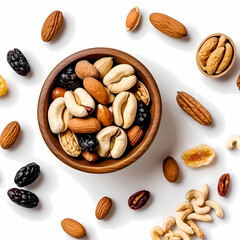 Wooden Bowl of Mixed Nuts and Dried Fruit on White Background 