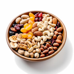 Wooden Bowl of Mixed Nuts and Dried Fruit on White Background 