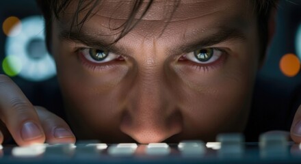 Cyber Surveillance: Close-up of determined individual, eyes fixated on computer keyboard, embodying concentration and the digital world.