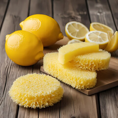 Yellow Cleaning Supplies with Lemon and Natural Fiber Sponge on Wooden Background  