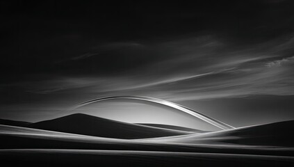 Fototapeta premium A serene, minimalist landscape. A silver arch spans a vast, dune-like expanse, bathed in soft light