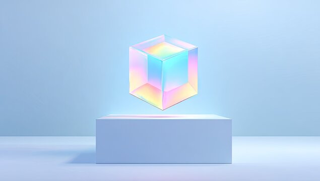 Holographic cube on pastel pedestal