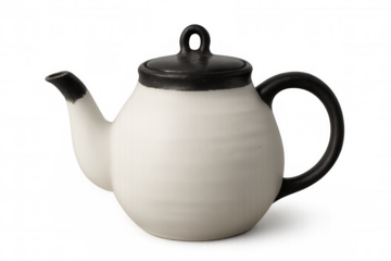 White ceramic teapot with black lid and handle, isolated on transparent background, perfect for tea lovers and kitchenware designs