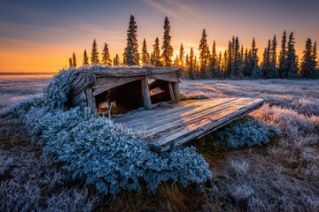Frozen wooden structure in a frosted field at dawn