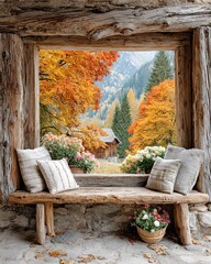 Obraz premium Wide window framing season Cozy wooden bench framed by autumn foliage and mountain view, inviting relaxation. seasonal forest through cozy window