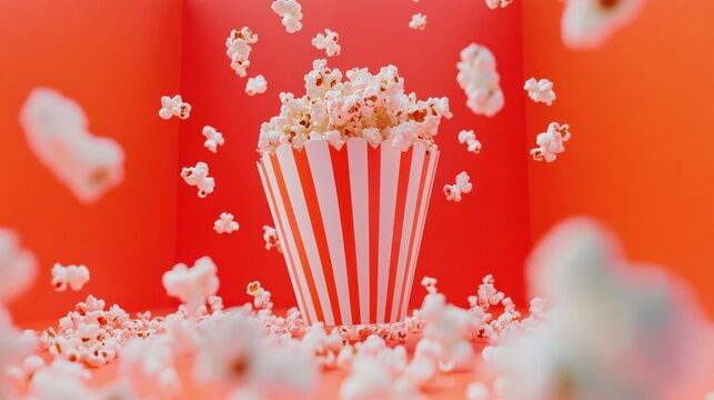 Vibrant Red Background with Falling Popcorn and Striped Bucket in a Fun and Playful Composition Perfect for Movie Night or Snack Advertising