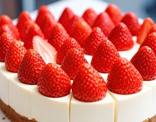 Delicious cheesecake topped with fresh strawberries arranged beautifully for dessert lovers at a sunny celebration