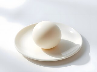 A single white sphere on a matching plate, illuminated by soft light. A serene and minimalist still life composition.