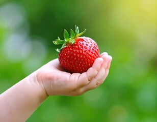 Freshly picked strawberry held in a child's hand during a sunny outdoor moment