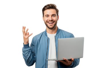 young businessman with laptop and raise your hand high isolated on white